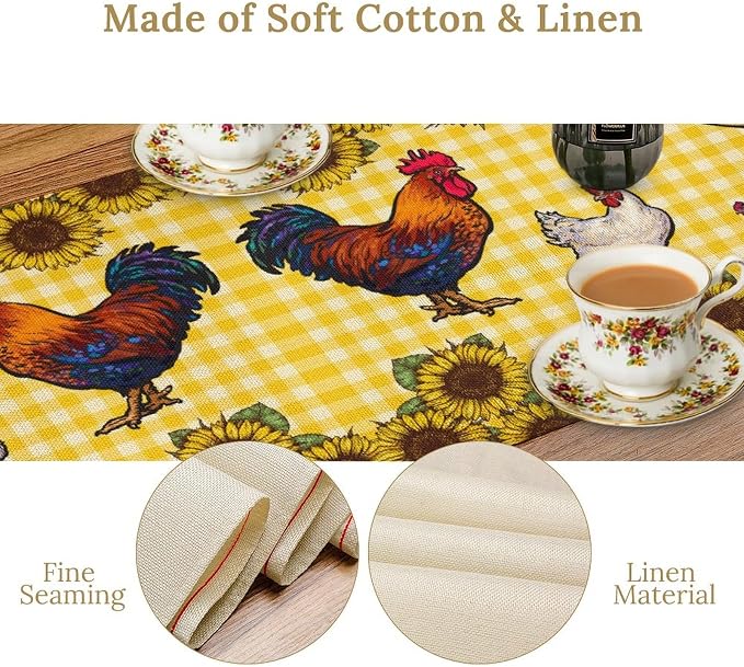 Farm Rooster Table Runner, Retro Western Farmhouse Chicken Sunflower Retro - Image 6