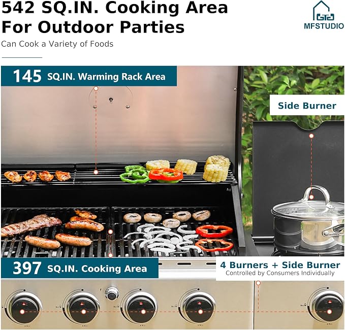 MFSTUDIO 4-Burner Propane Gas Grill, Stainless Steel BBQ Grill - Image 2