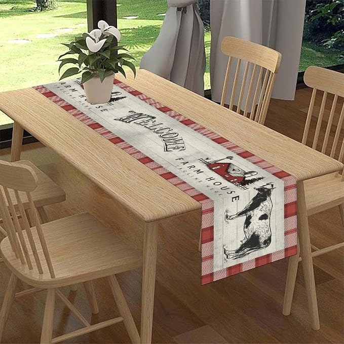 Farmhouse Cow Table Runner, Rustic Red Plaid Animals Buffalo Coffee Table - Image 2
