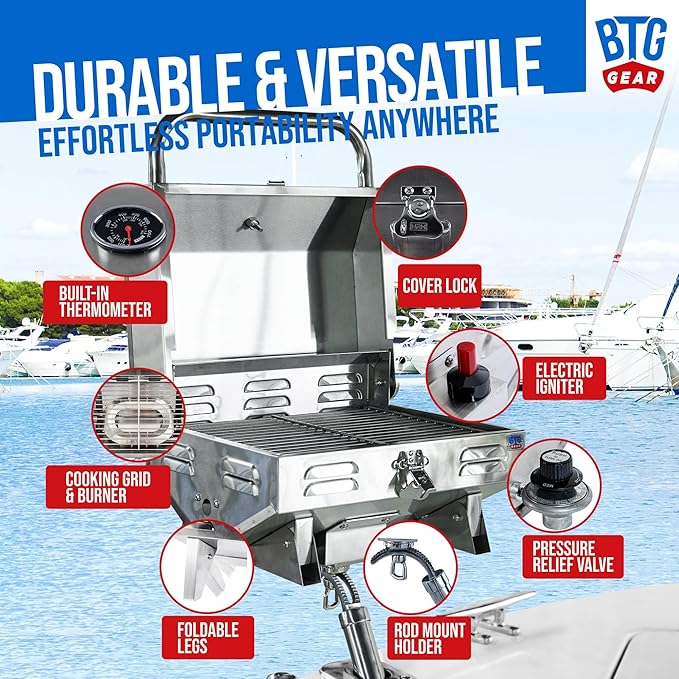 Tailwaves Marine Grill w/Rod Holder Mount | Stainless Steel | Propane BBQ - Image 2