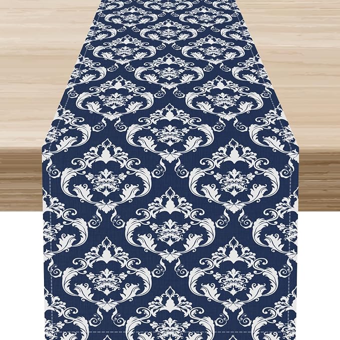 Blue Damask Table Runner, Rustic Gothic Baroque Style Floral Bohemian Boho by Unknown