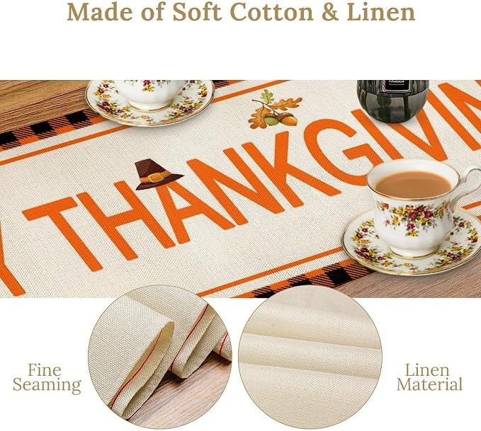 Happy Thanksgiving Table Runner, Autumn Pumpkin Maple Leaves Turkey Print Fall - Image 5