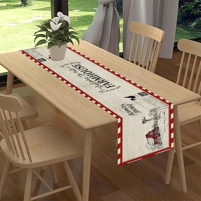 Farmhouse Table Runner, Rustic Country Barn Cottage Rooster Check Animal Plank - Image 2