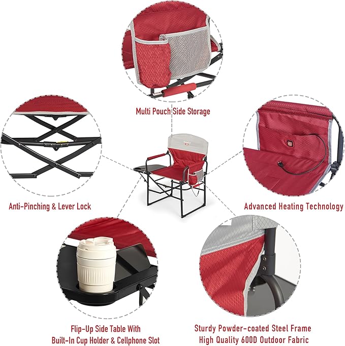 Camping Chair with USB Heated Seat, Red, Steel Frame, 300 lb Capacity