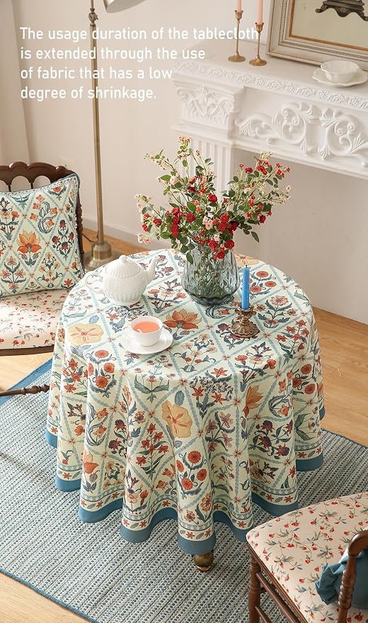 ISAENNE Designer Linen Elegant Small Round Tablecloth, Colorful Floral Bohemian - Image 9