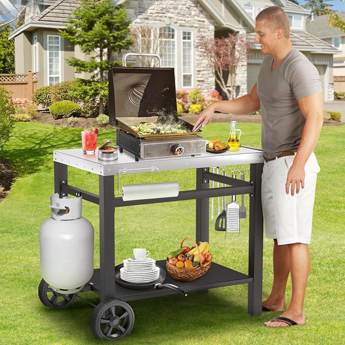 Grill Table, Movable Dining Cart, Pizza Oven Table Stand, Double-Shelf Grill - Image 3