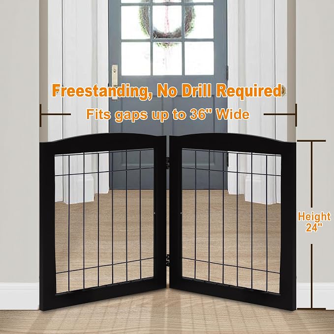 LZRS 2-Panel Freestanding Foldable Wood Dog Gate – Solid Wood & Steel Wire - Image 2