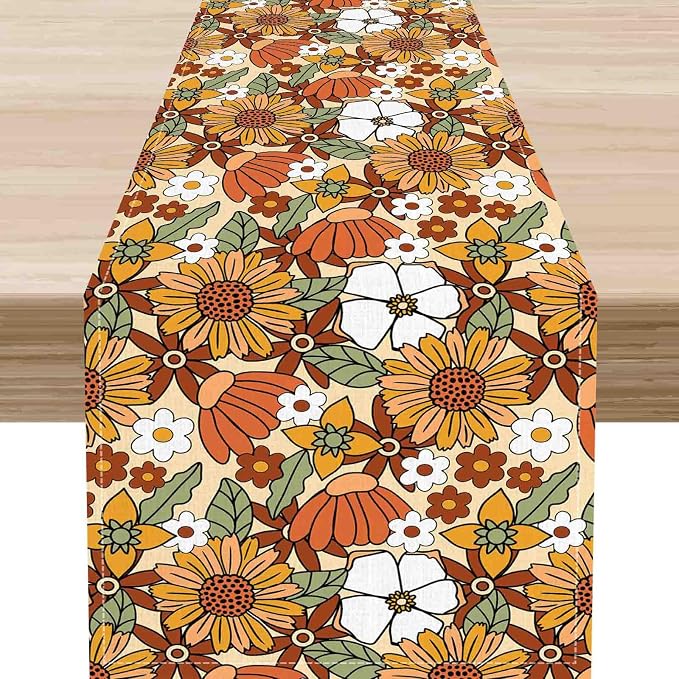 70s Floral Table Runner, Retro Groovy Hippie Oange Floral Funky Daisy Trippy by Unknown