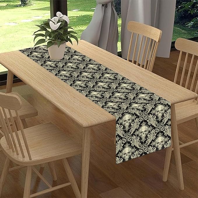 Skull Table Runner, Retro Antique Gothic Damask Pattern Classic Halloween Boho - Image 2