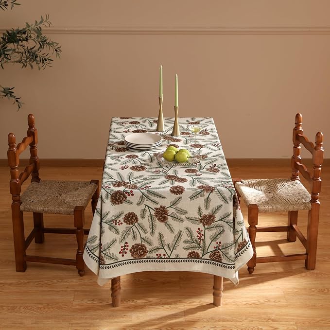 ISAENNE Designer Christmas Beige Linen Rectangular Tablecloth, Pinecones - Image 3