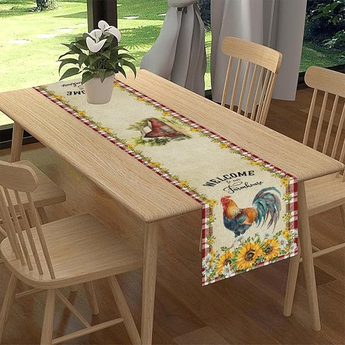 Rooster Table Runner, Farmhouse Red Plaid Sunflower Floral Chicken Farm Cow Pig - Image 2