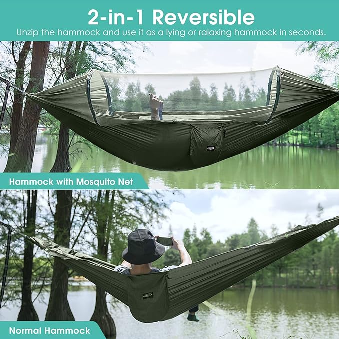 Hammock, Army Green Nylon Pop-Up 2-Person with Mosquito Net