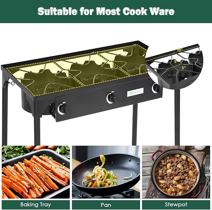 Goplus Outdoor Camping Stove, 3 Burner Propane Gas Cooker w/Detachable Legs & - Image 5