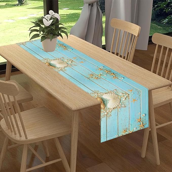 Summer Table Runner, Rustic Blue Teal Wood Beach Starfish Seashells Coastal - Image 2