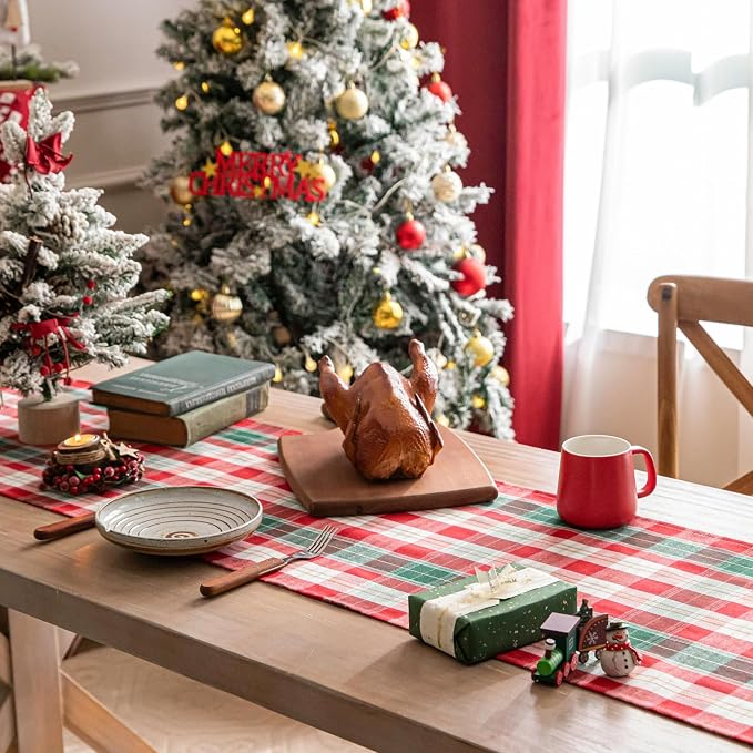 Red Gold Plaid Christmas Table Runner, Winter Holiday Table Runners 72 inches - Image 5