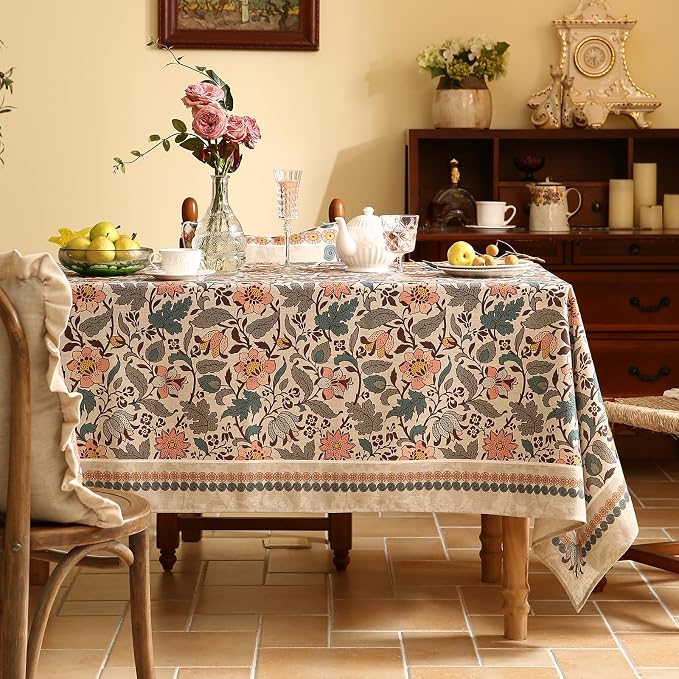 ISAENNE Designer Boho Floral Long Rectangle Tablecloth, Linen Lotus Flower - Image 2