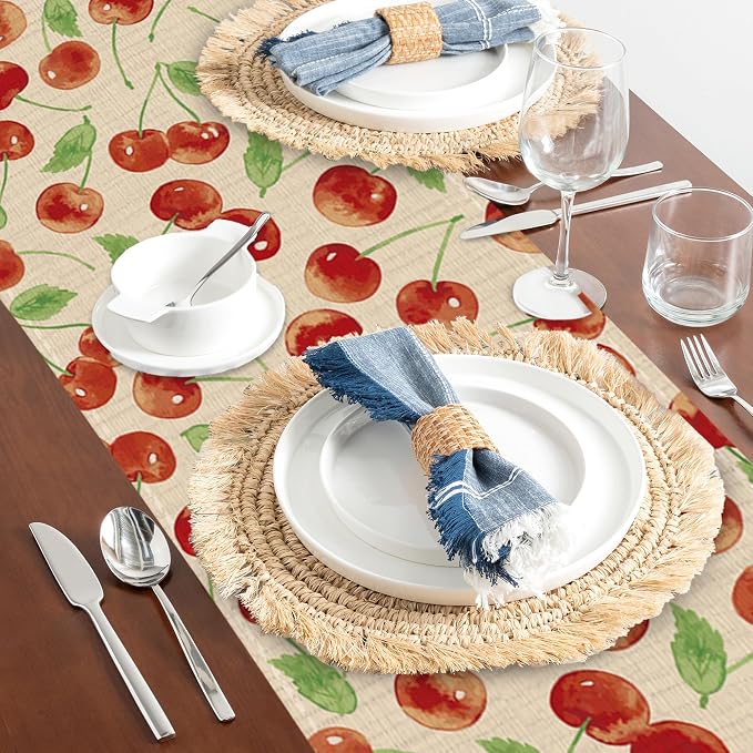 Red Cherry Table Runner Linen Long Farmhouse Rustic TableRunner - Image 5