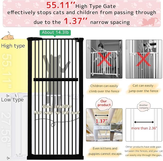 Lumizone Extra Tall Pet Gate 55.12" High Pressure Mounted 46.65"-50.78" Extra - Image 4