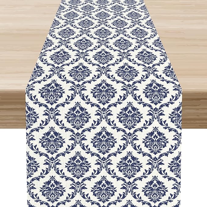 Damask Table Runner, Rustic Gothic Baroque Style Floral Bohemian Boho Blue by Unknown
