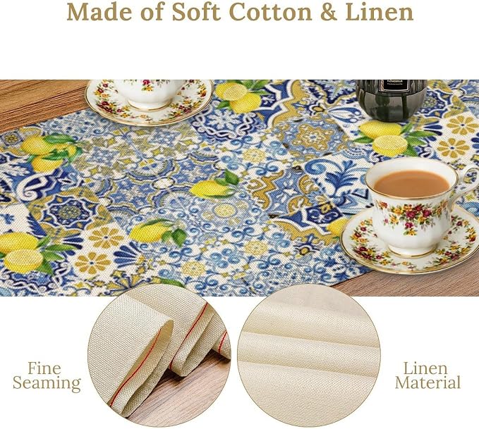Farmhouse Rustic Lemon Table Runner, Vintage Morocco Blue Tiles Mediterranean - Image 6
