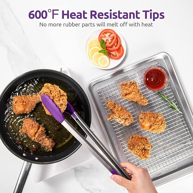 Kitchen Tongs 16-Inch with Silicone Tips, 600°F Heat Resistant, Purple