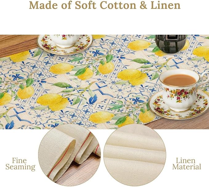 Lemon Table Runner, Summer Fruit Vintage Morocco Blue Tiles Table Runners - Image 4