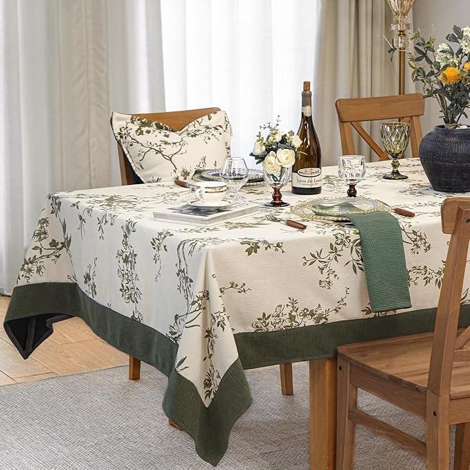 Spring Rectangle Tablecloth, French Jacquard Green Table Cloth, Vintage Floral - Image 2