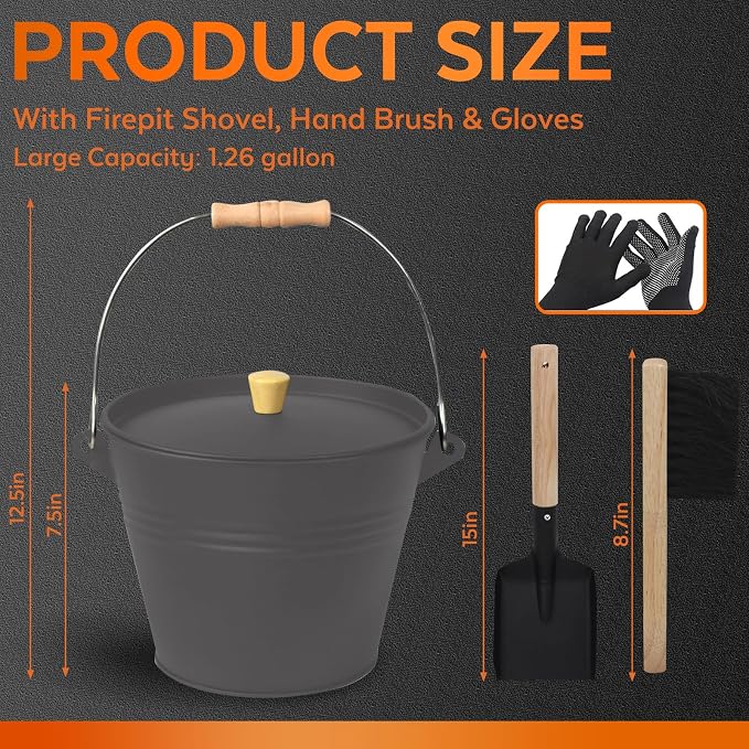 Small Ash Bucket with Lid and Shovel, Metal Fireplace Ash Bucket with Broom - Image 2