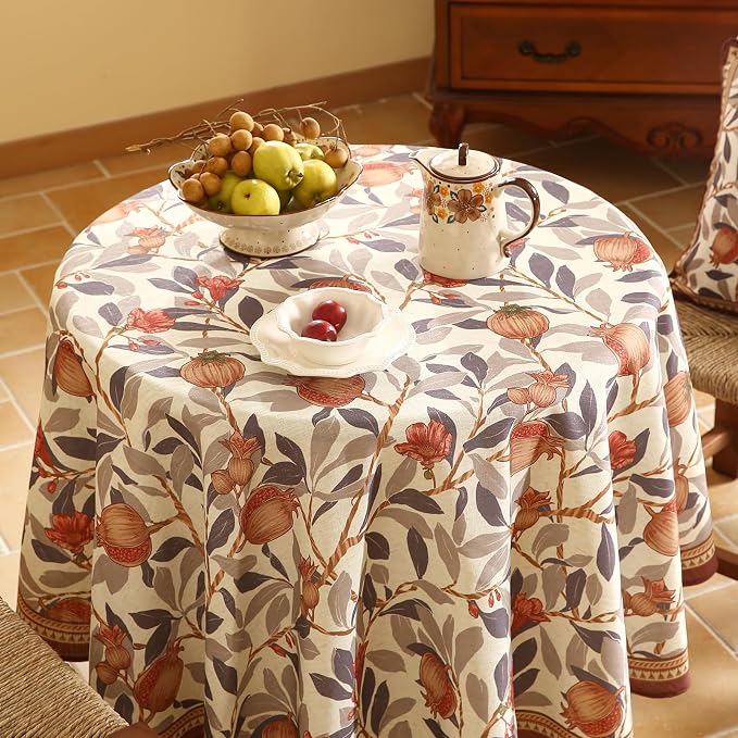 patdrea Designer Linen Small Round Tablecloth, Vintage Pomegranates and Leaves - Image 9