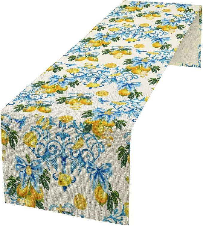 Lemon Table Runner, Summer Hummingbirds Flower Bows Print Table Runner by Unknown