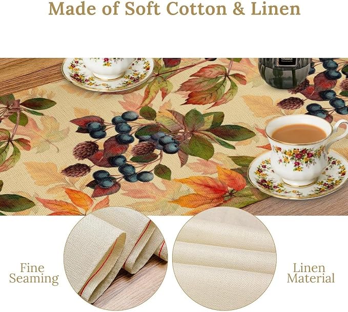 Autumn Leaf Table Runner, Thanksgiving Autumn Harvest Watercolor Black Berry - Image 5