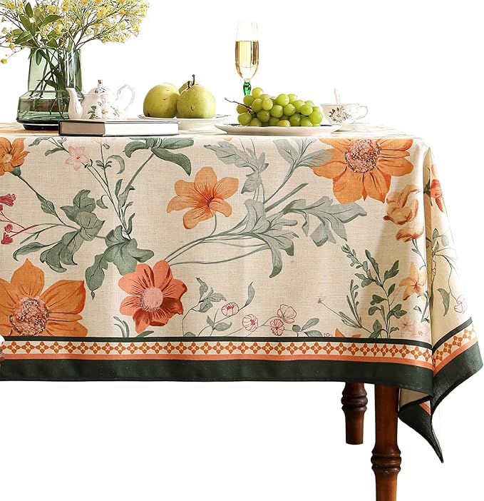 French Tablecloth for Rectangle Table, Linen Orange Floral Wrinkle Resistant by bilingaier