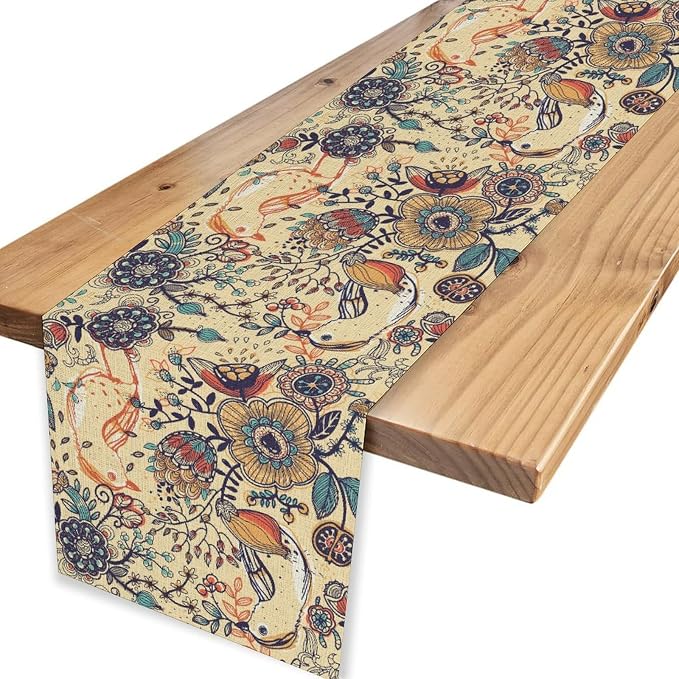Beige Paisley Table Runner, Rustic Damask Antique Floral Flower Retro Boho - Image 4