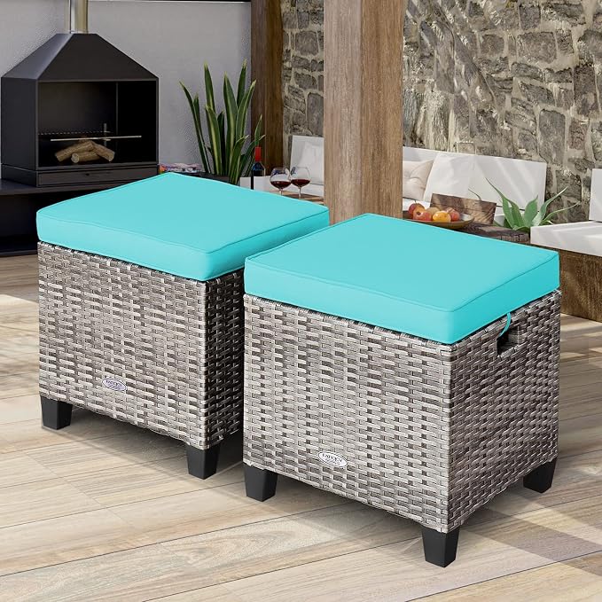 Tangkula 2 Pieces Patio Rattan Ottomans, Outdoor Wicker Footstool Footrest Seat - Image 2