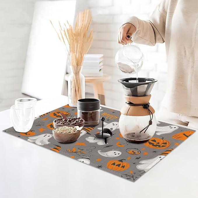 Placemats Set of 6, Pumpking Ghost Table Mats, Halloween Washable Linen Table - Image 3