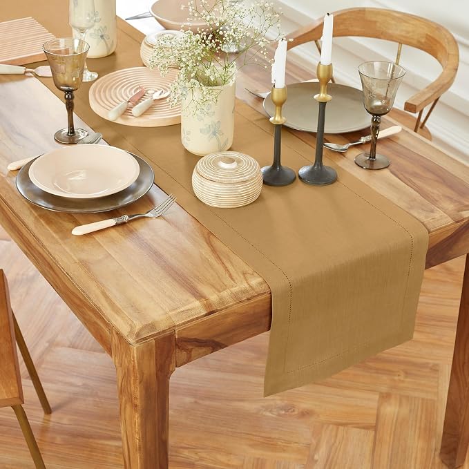 Solino Home Linen Camel Hemstitch Table Runner 48 Inches by SolinoHome