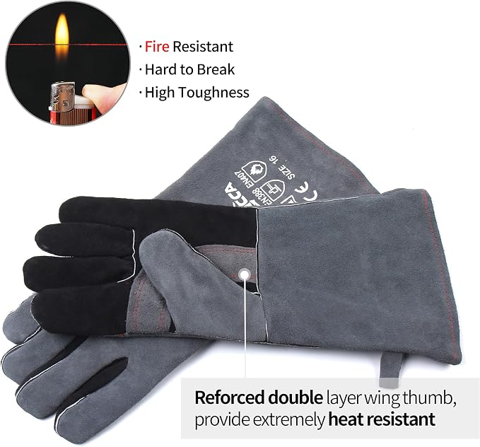 RAPICCA Fireplace Gloves Fire Heat Resistant: Grey 16IN 662℉- Fireproof Leather - Image 6