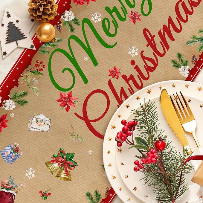 Merry Christmas Burlap Table Runner Seasonal Spring Fall Kitchen Dining Linen - Image 4