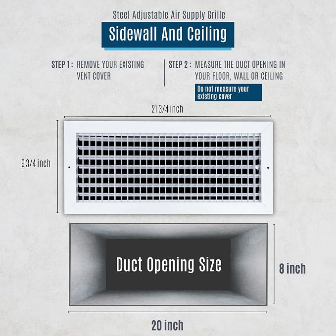 Fits 20x8 Duct Opening Steel Adjustable Air Supply Grille by Handua | Register - Image 2