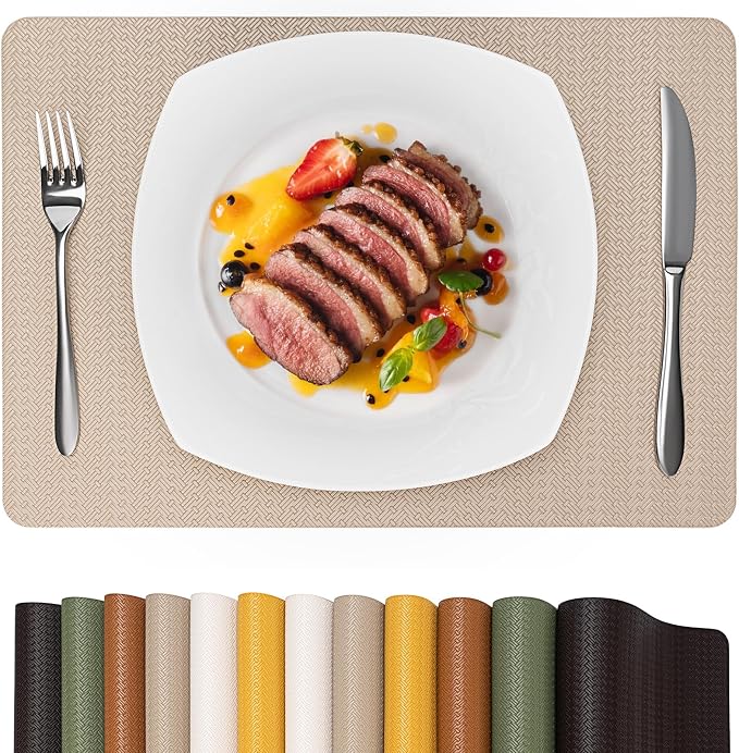 Faux Leather Placemats Set of 6 – 17x12 Inch Vinyl Table Mats, Heat Resistant by PROMATTOO