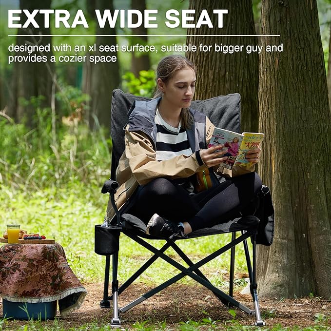 Oversized Padded Folding Camping Chair with Steel Frame, 500 lb Capacity, Black