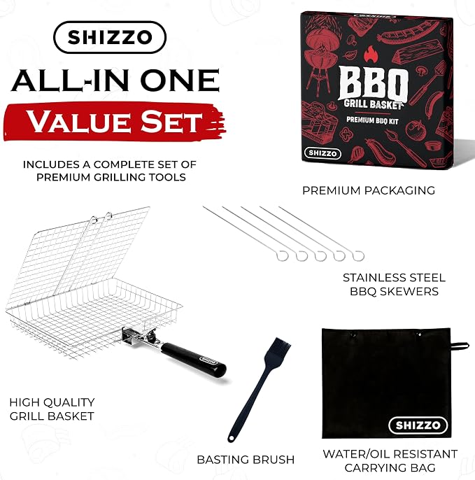 SHIZZO Grill Basket Set, Barbecue BBQ Grilling, Stainless Steel Folding - Image 2