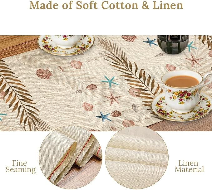 Nautical Coastal Table Runner, Rustic Starfish Seashells Tropical Leave Ocean - Image 6