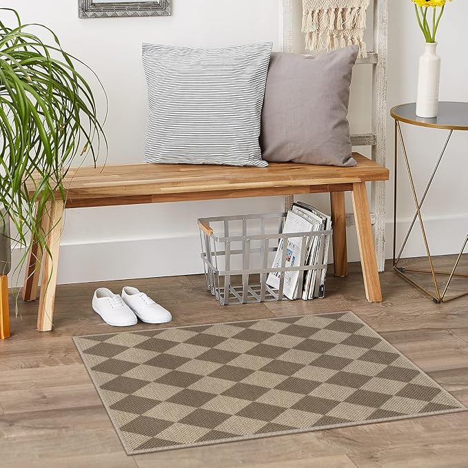 Easy Jute Checkered Entryway Rug, 2x3 Brown Modern Indoor Outdoor Doormat - Image 7