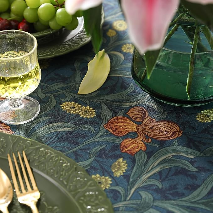 patdrea Designer Dark Blue Linen Round Tablecloth, Vintage French Rustic Floral - Image 3