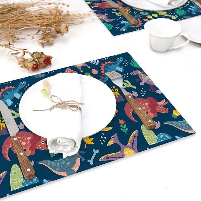 Dinosaur Placemats Set of 6, Cute Tropical Leaves Heat Resistant Table Mats - Image 6