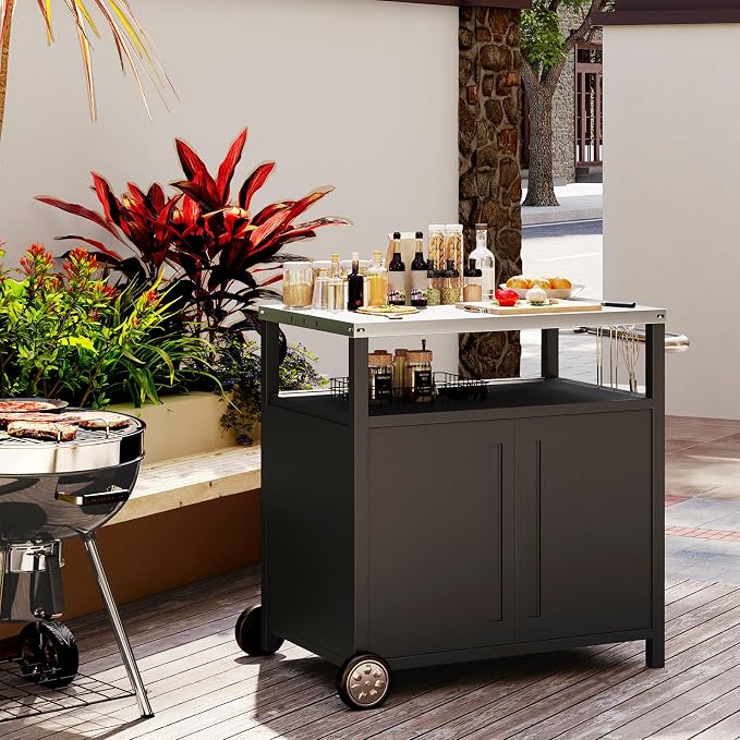 Outdoor Grill Cart with Storage Cabinet Stainless Steel Prep Stand with Storage - Image 7