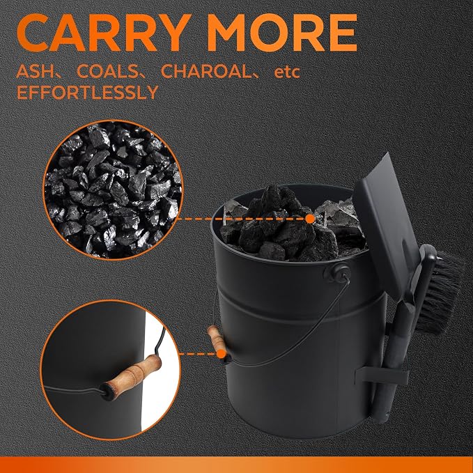 4 Gallon Ash Bucket with Lid and Shovel, Metal Fireplace Ash Bucket with Broom - Image 5