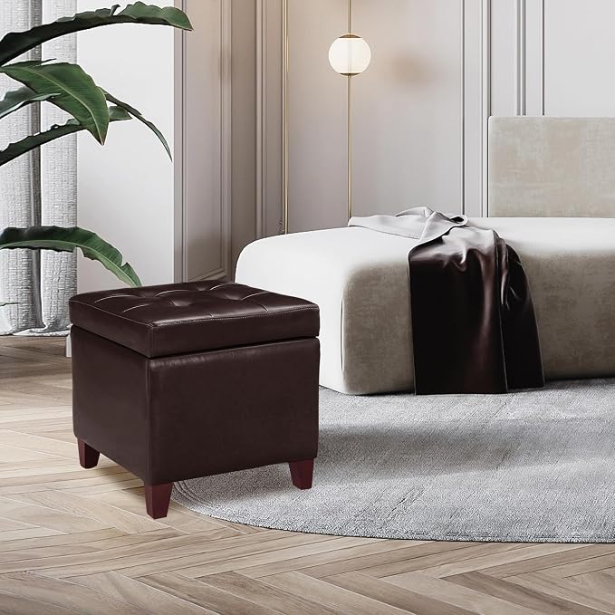 Homebeez Tufted Faux Leather Storage Ottoman Square Cube Foot Rest Stool - Image 2