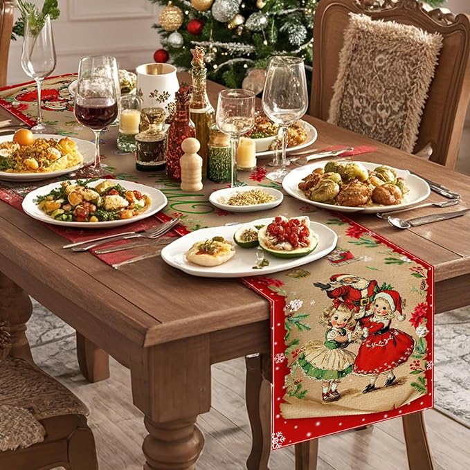 Merry Christmas Burlap Table Runner Seasonal Spring Fall Kitchen Dining Linen - Image 3